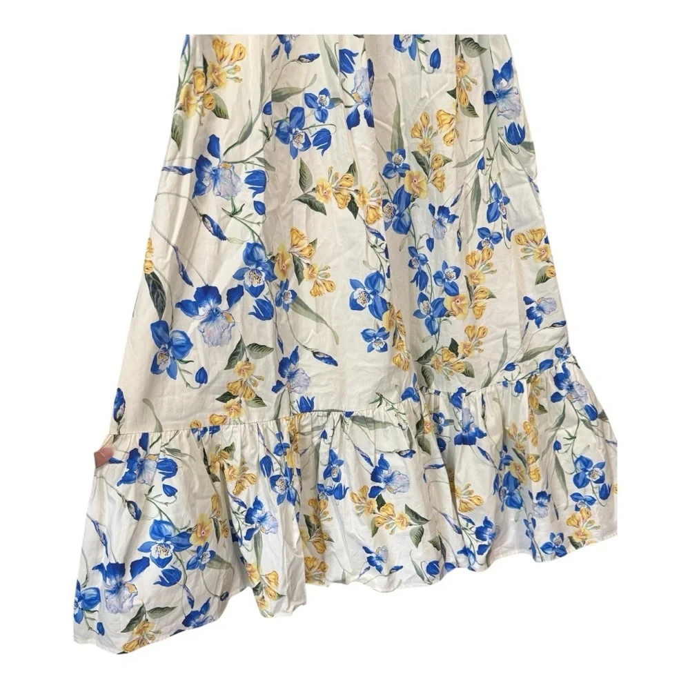 Floral Puff-Sleeve Maxi Dress - White with Blue & Yellow Blooms - Picture 8 of 9